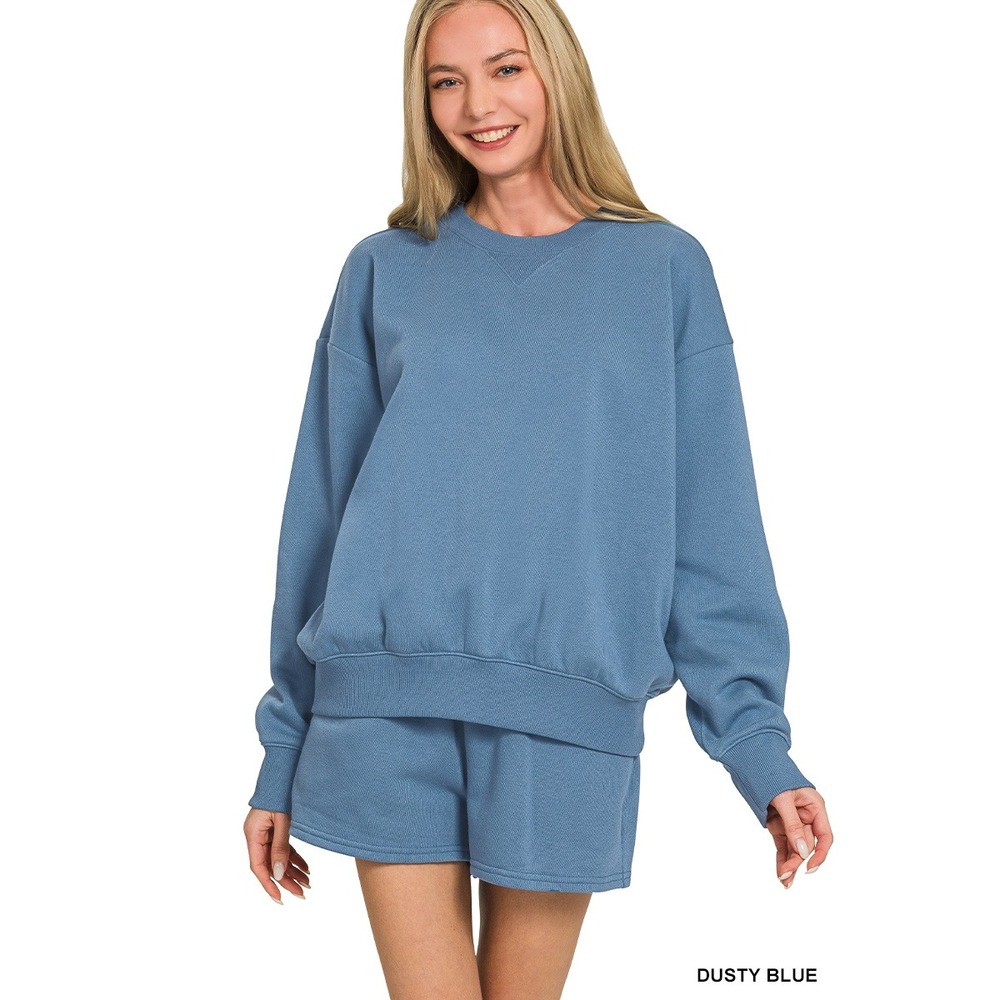 Zenana Sweatshirt Shorts Set Women Large Dusty Blue NWOT Fleece OTOP-4397A5